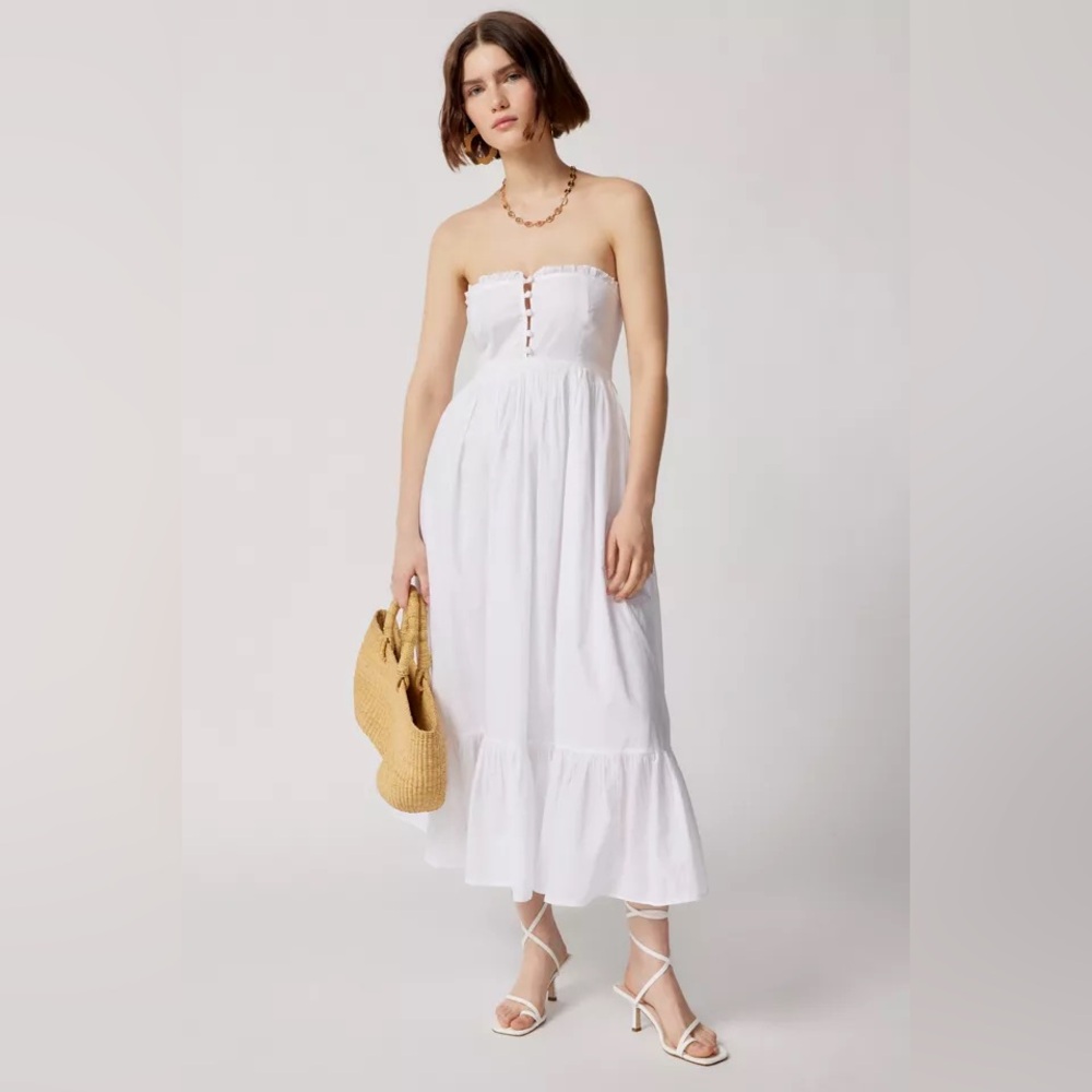 UO Robyn Strapless Midi Dress White Strapless Ruffle Skirt Boho